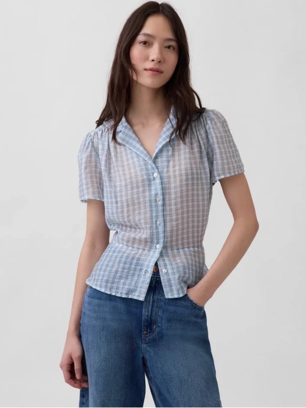 Gap Light Blue Gingham Sheer Peplum Top